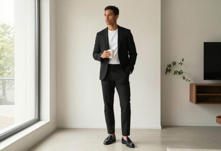 Man in black blazer and trousers with white tee, standing in a bright living room