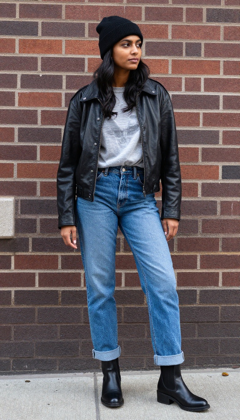 4. Leather Jacket + Graphic Tee + Straight-Leg Jeans + Ankle Boots