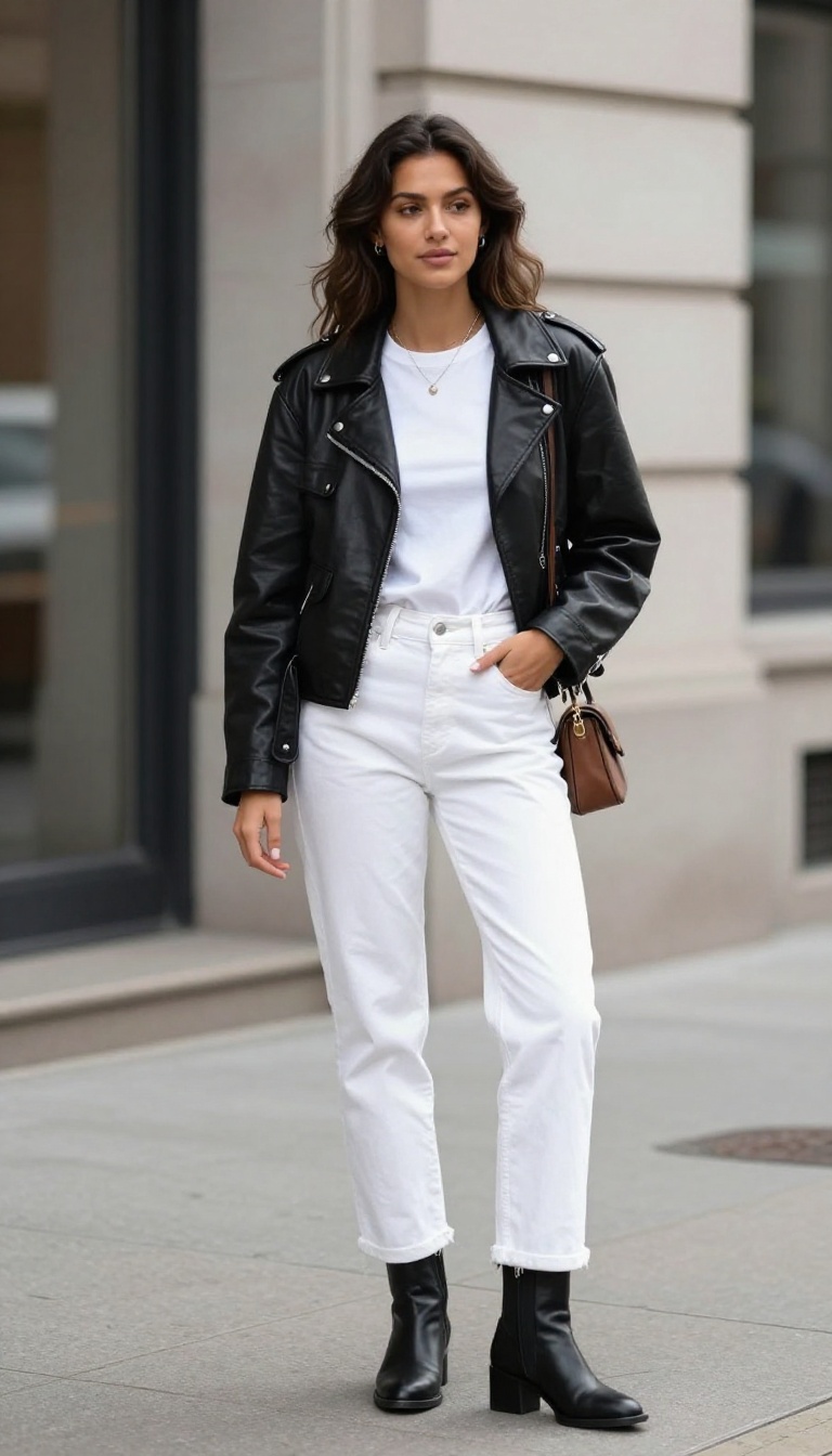 8. Leather Jacket and White Jeans