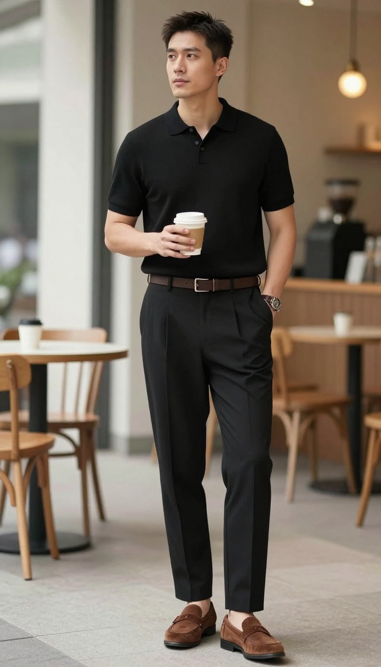 2. Black Knit Polo and Pleated Trousers