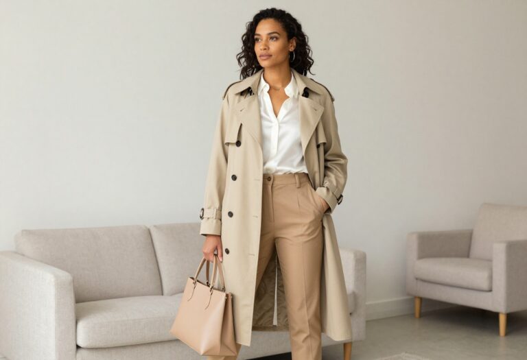 Woman in beige trench coat and camel trousers standing in a bright living room