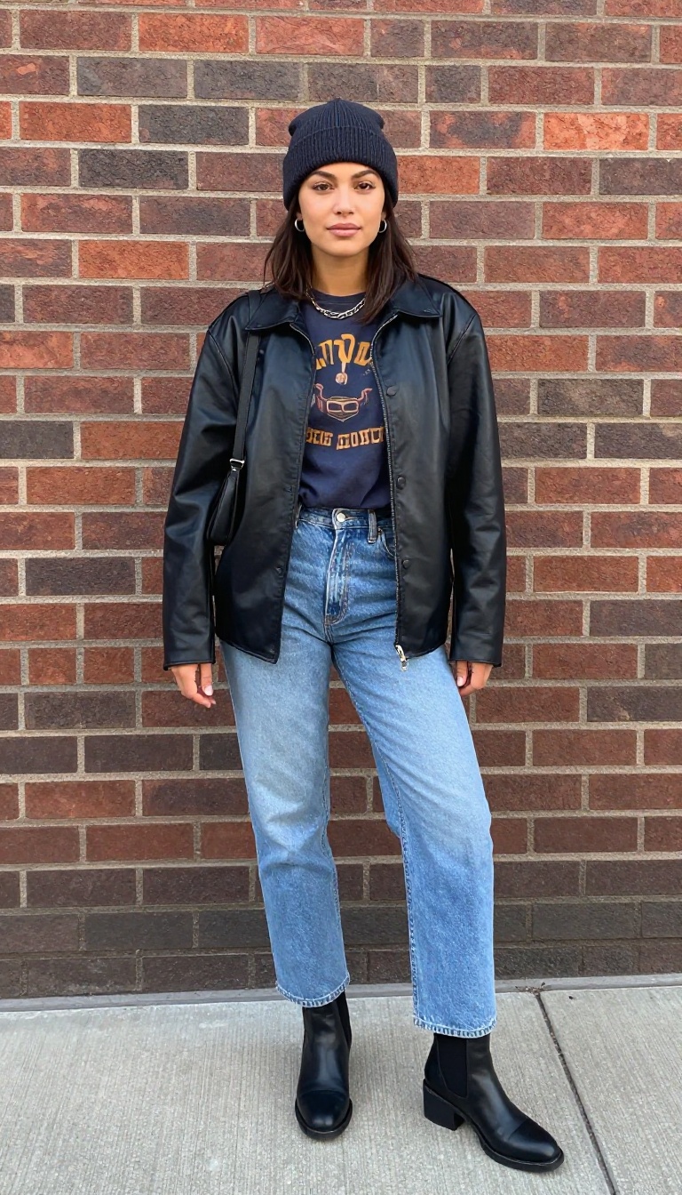8. Leather Jacket + Graphic Tee + Straight-Leg Jeans