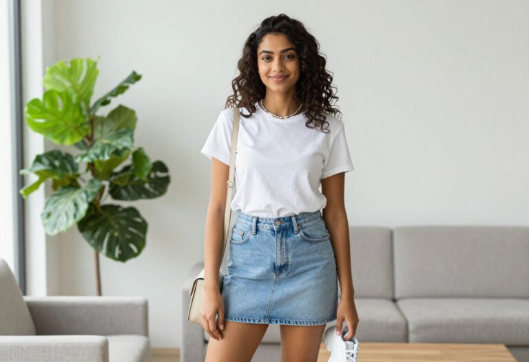 Woman wearing a Y2K denim mini skirt outfit with a baby tee and chunky sneakers, standing in a bright living room.