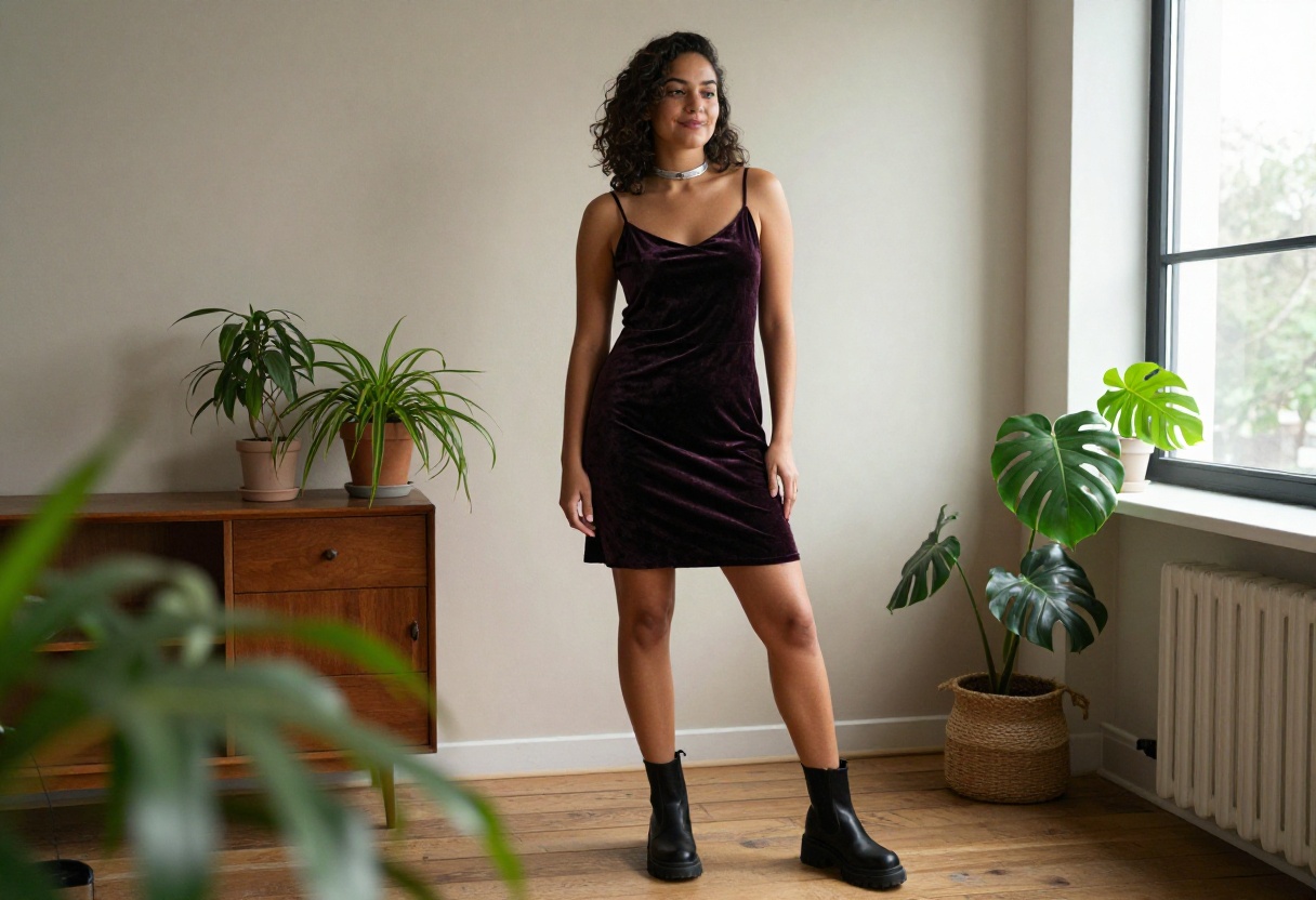Woman in a plum velvet slip dress and chunky boots, whimsigoth style