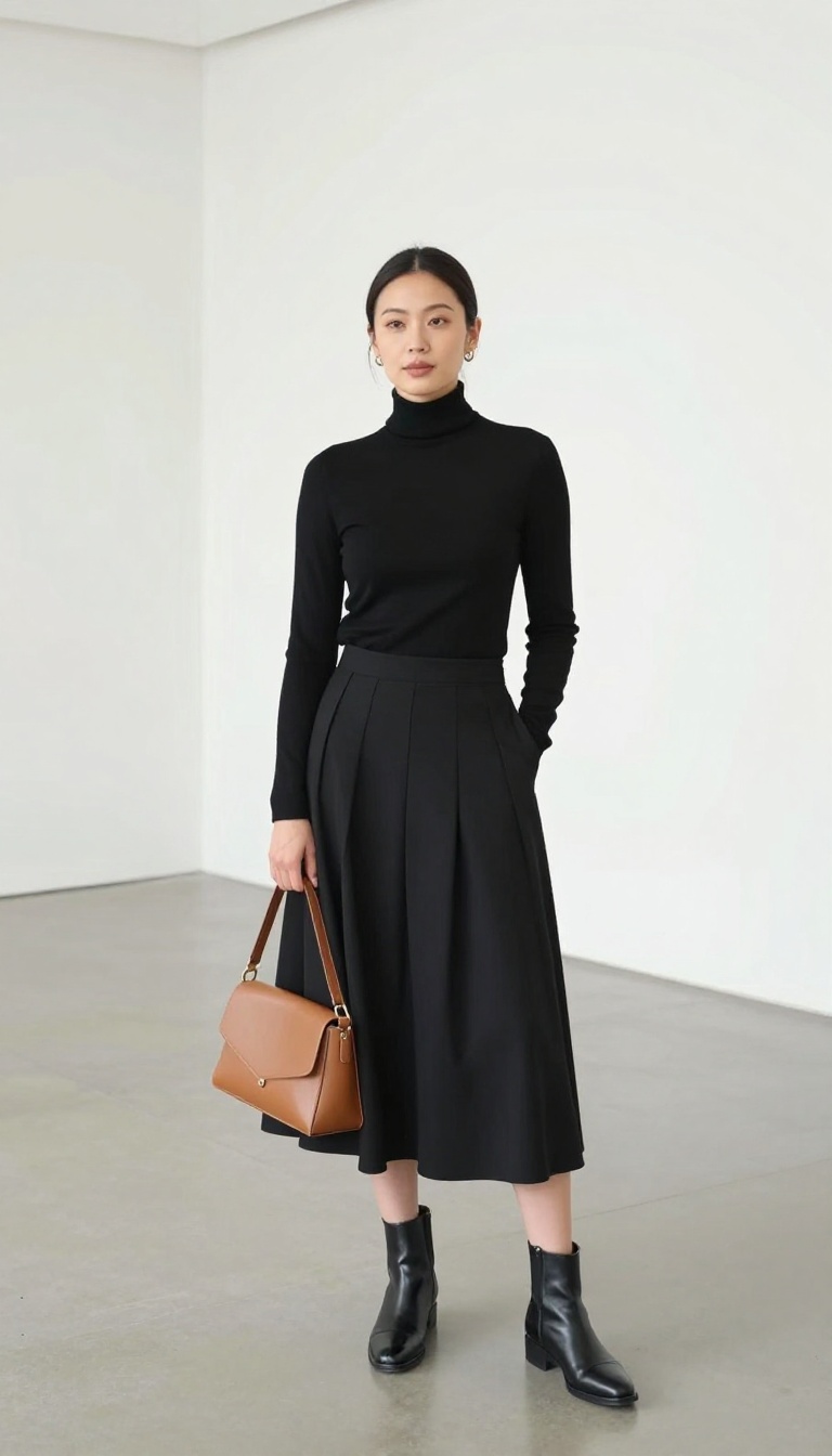 4. Black Turtleneck and Pleated Skirt