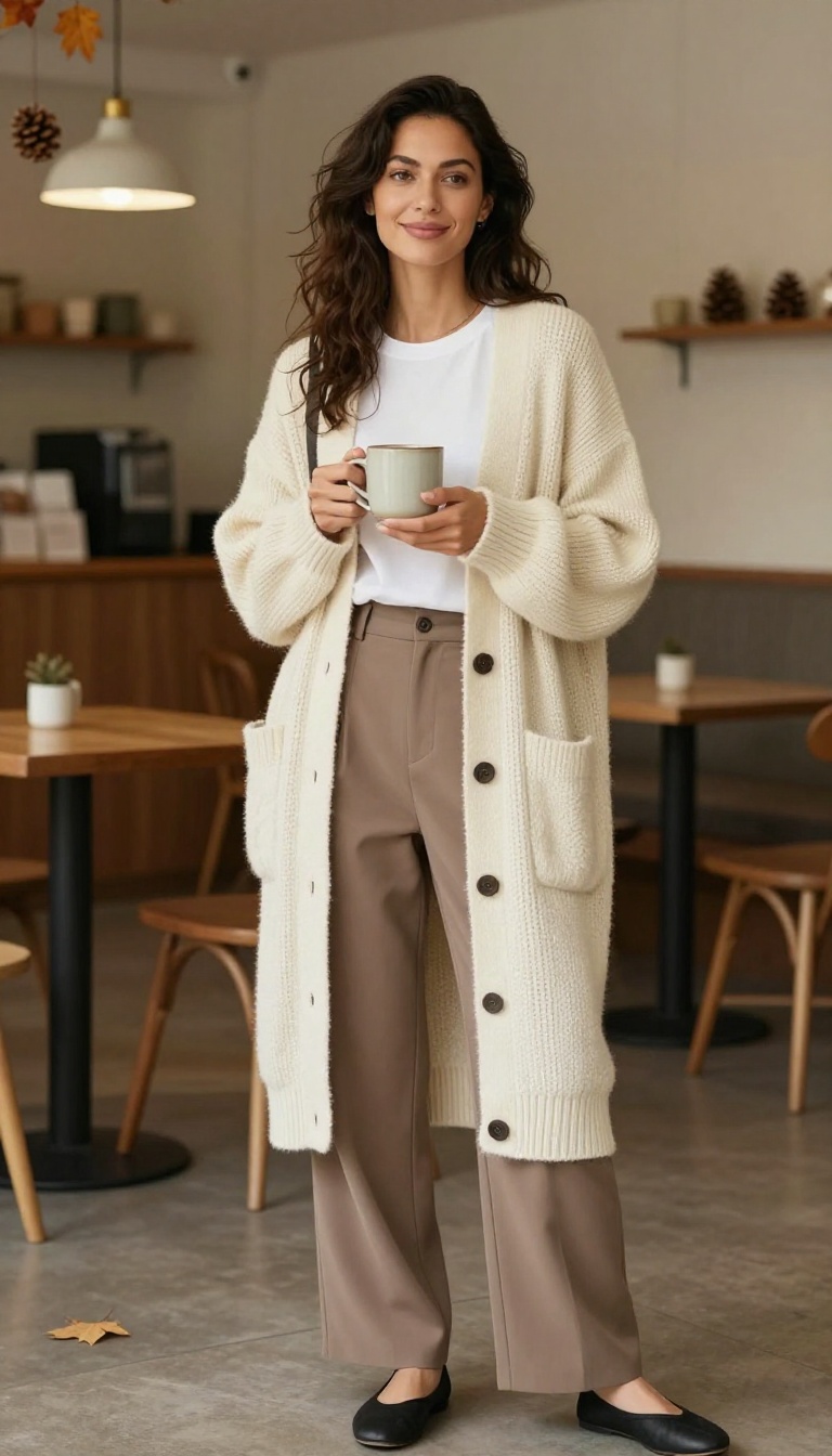 11. Chunky Cardigan with Pleated Trousers