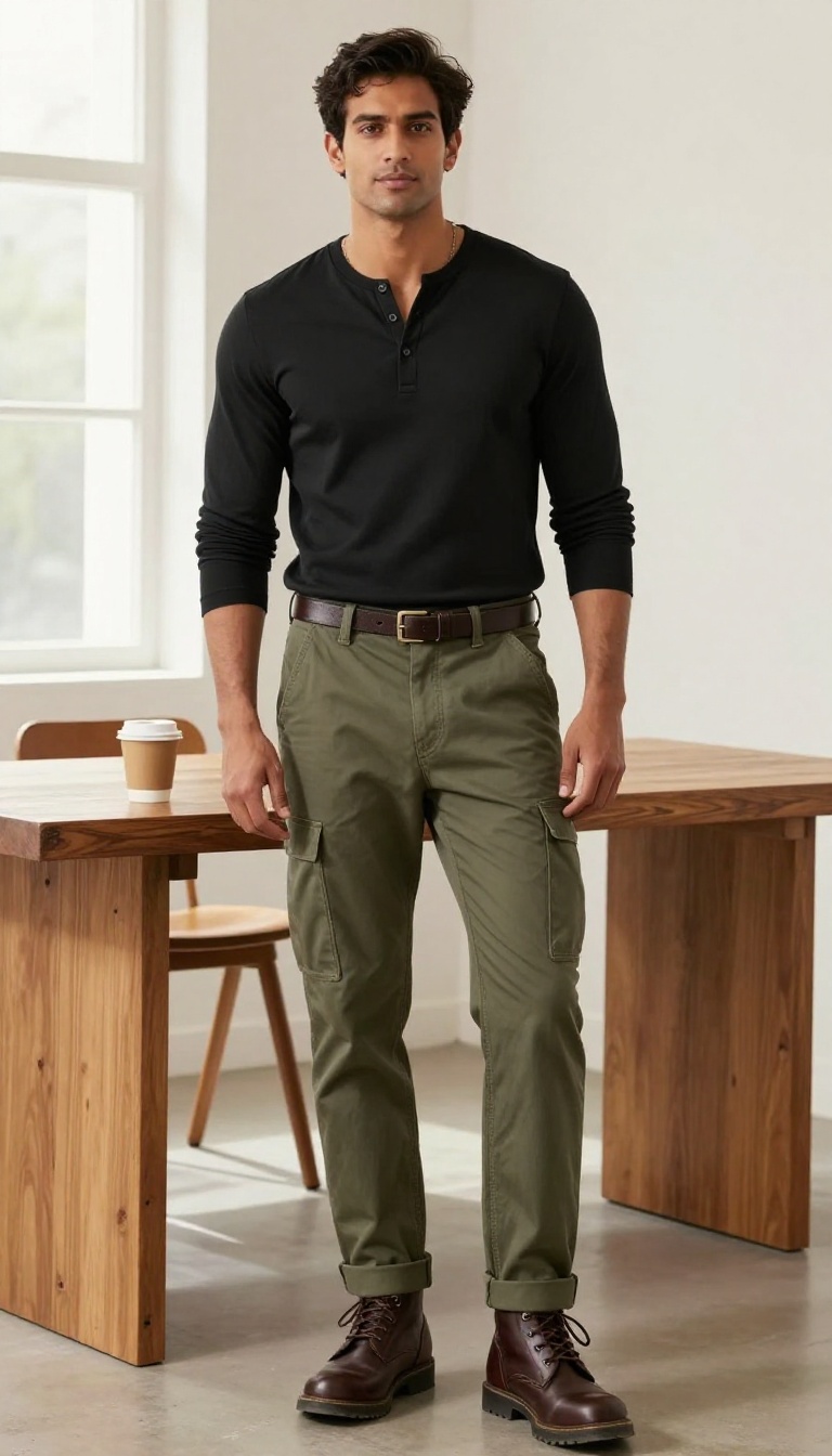 10. Black Long-Sleeve Henley with Cargo Pants