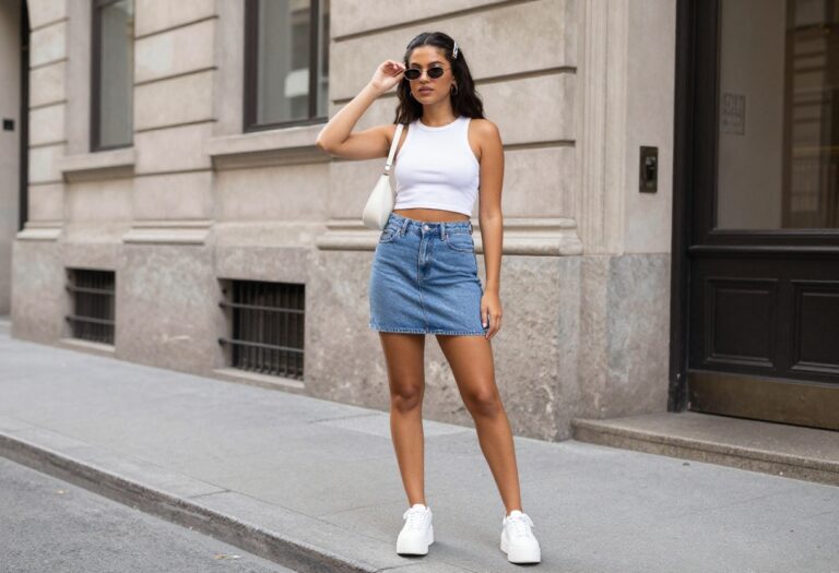 Woman wearing a Y2K outfit with a denim skirt, crop top, and platform sneakers, standing in a city street.