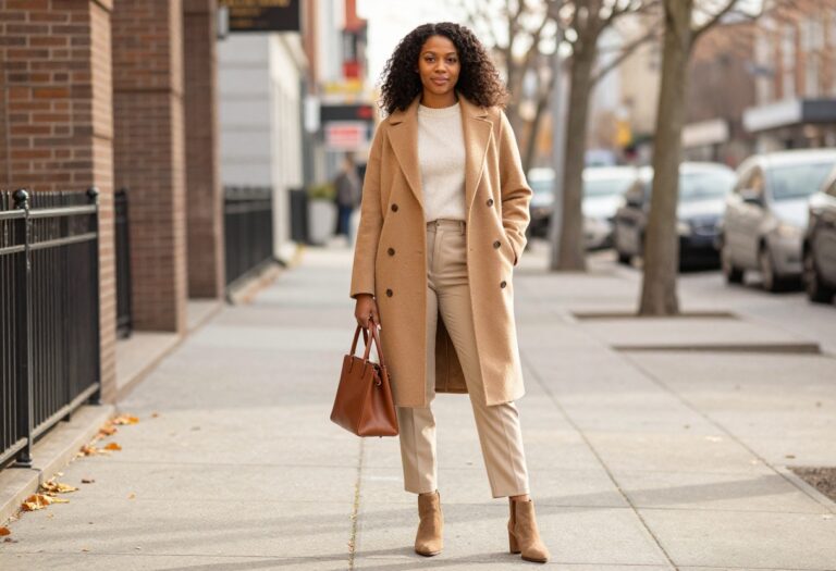Woman in camel coat and cashmere sweater for old money fall outfit
