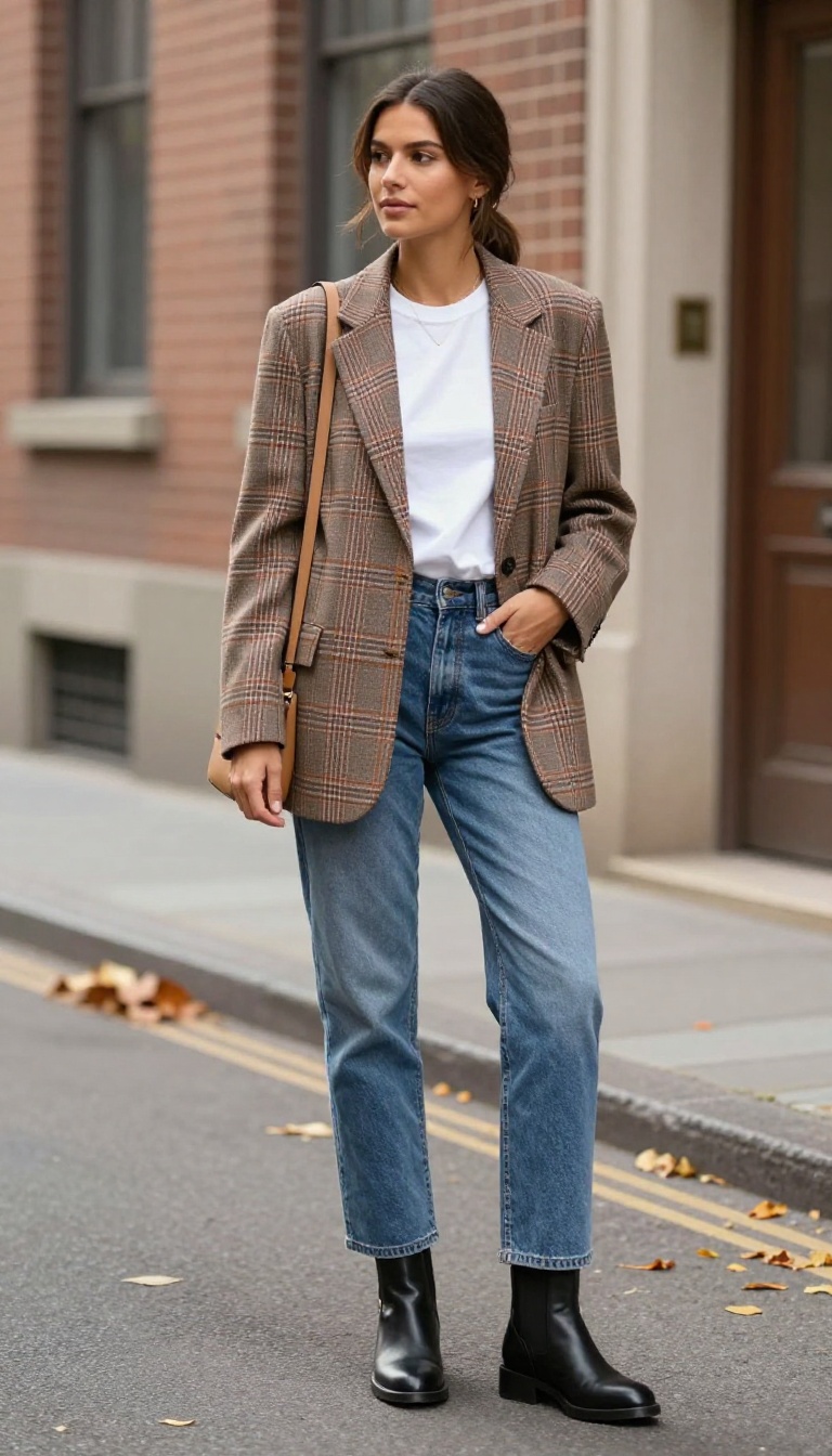 6. Plaid Blazer + Straight-Leg Jeans + Boots