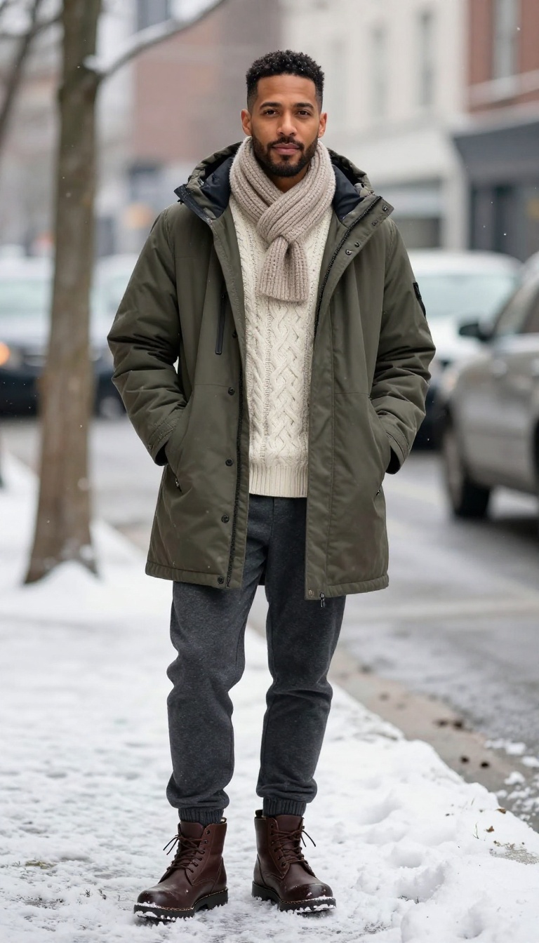 10. The Parka with Chunky Sweater and Joggers