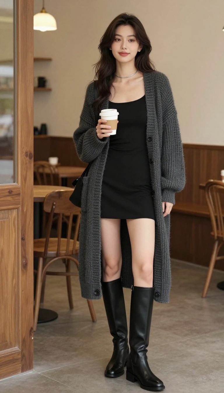 5. Long Cardigan + Mini Dress + Knee-High Boots