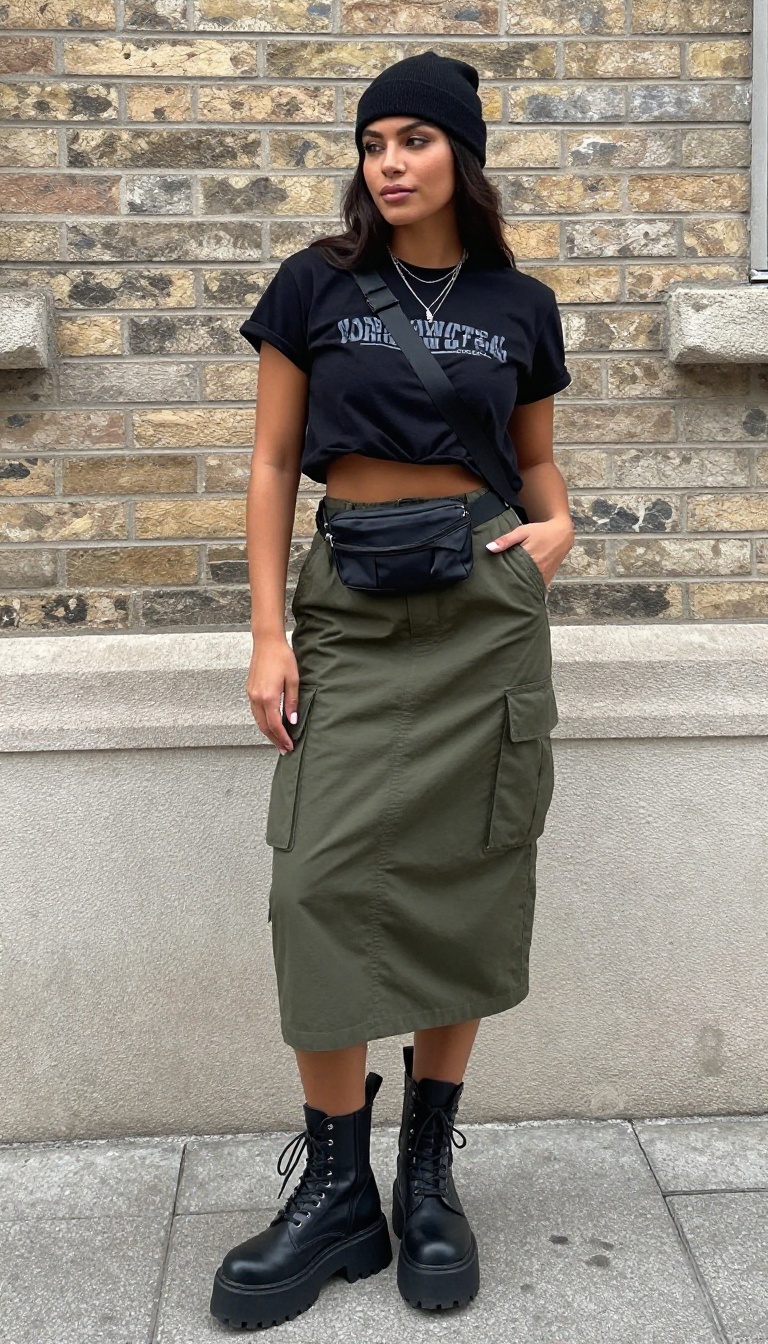 11. Graphic Tee + Cargo Skirt + Chunky Boots