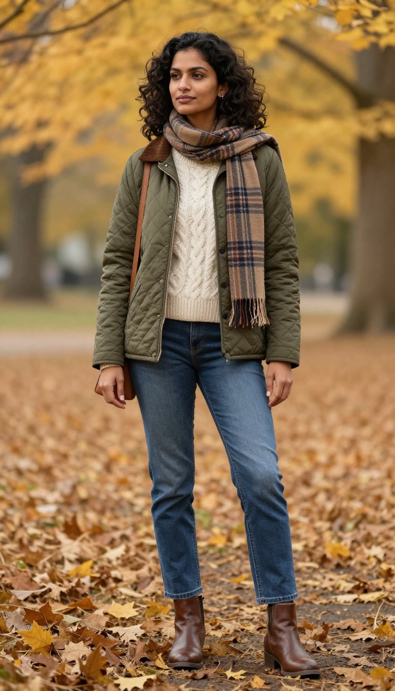8. Quilted Jacket with Cable-Knit Sweater and Jeans