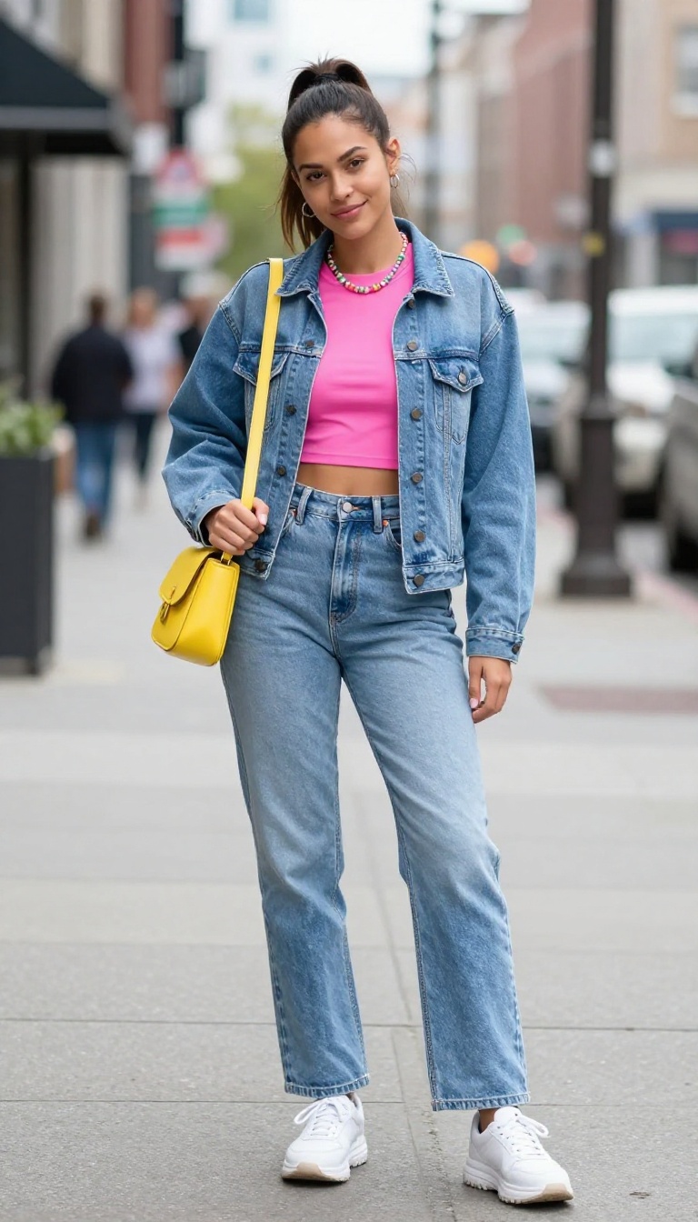 2. Denim on Denim with a Pop of Color