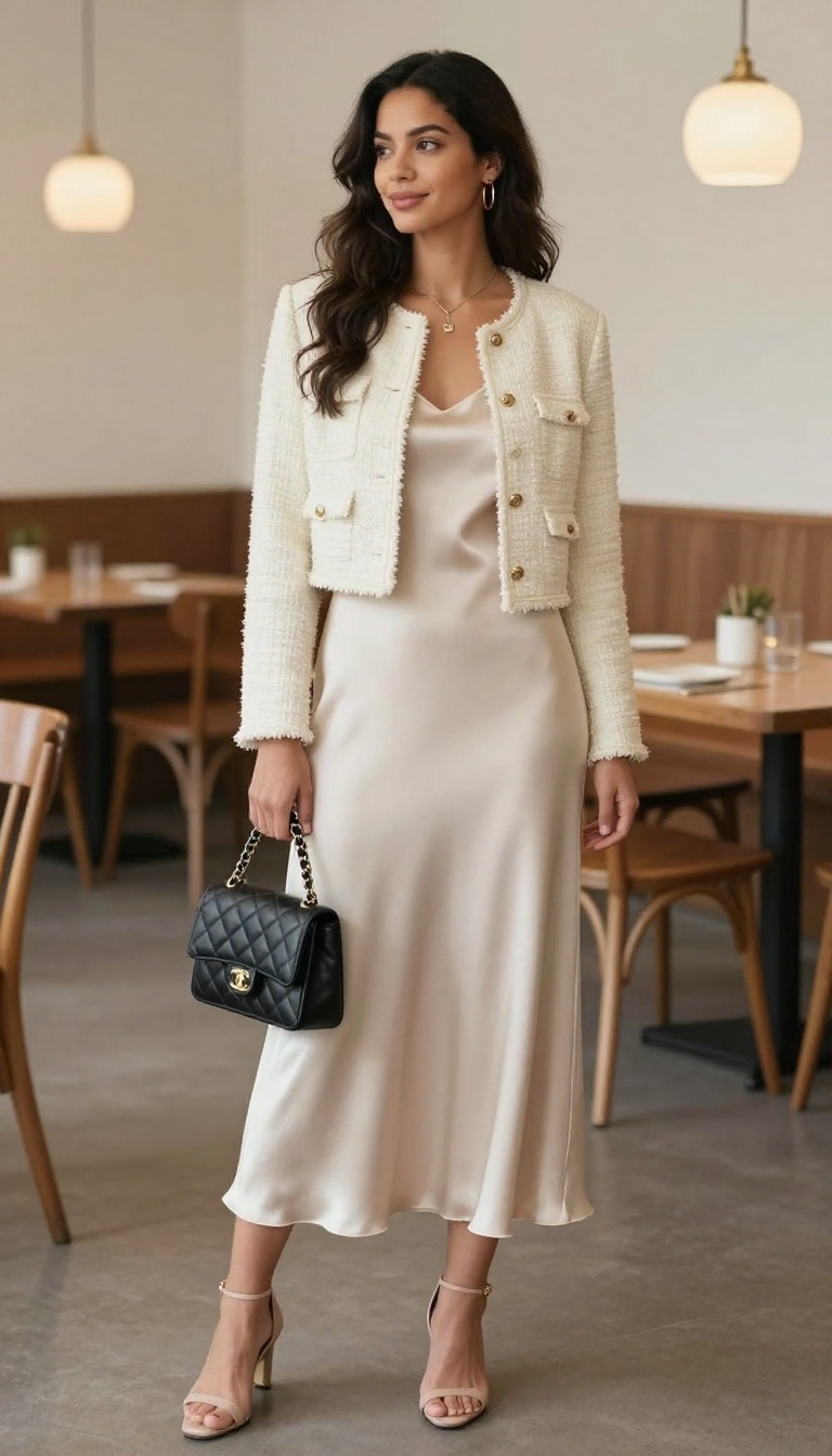 6. Tweed Jacket & Silk Slip Dress
