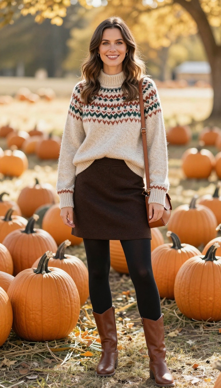8. Fair Isle Sweater with A-Line Skirt