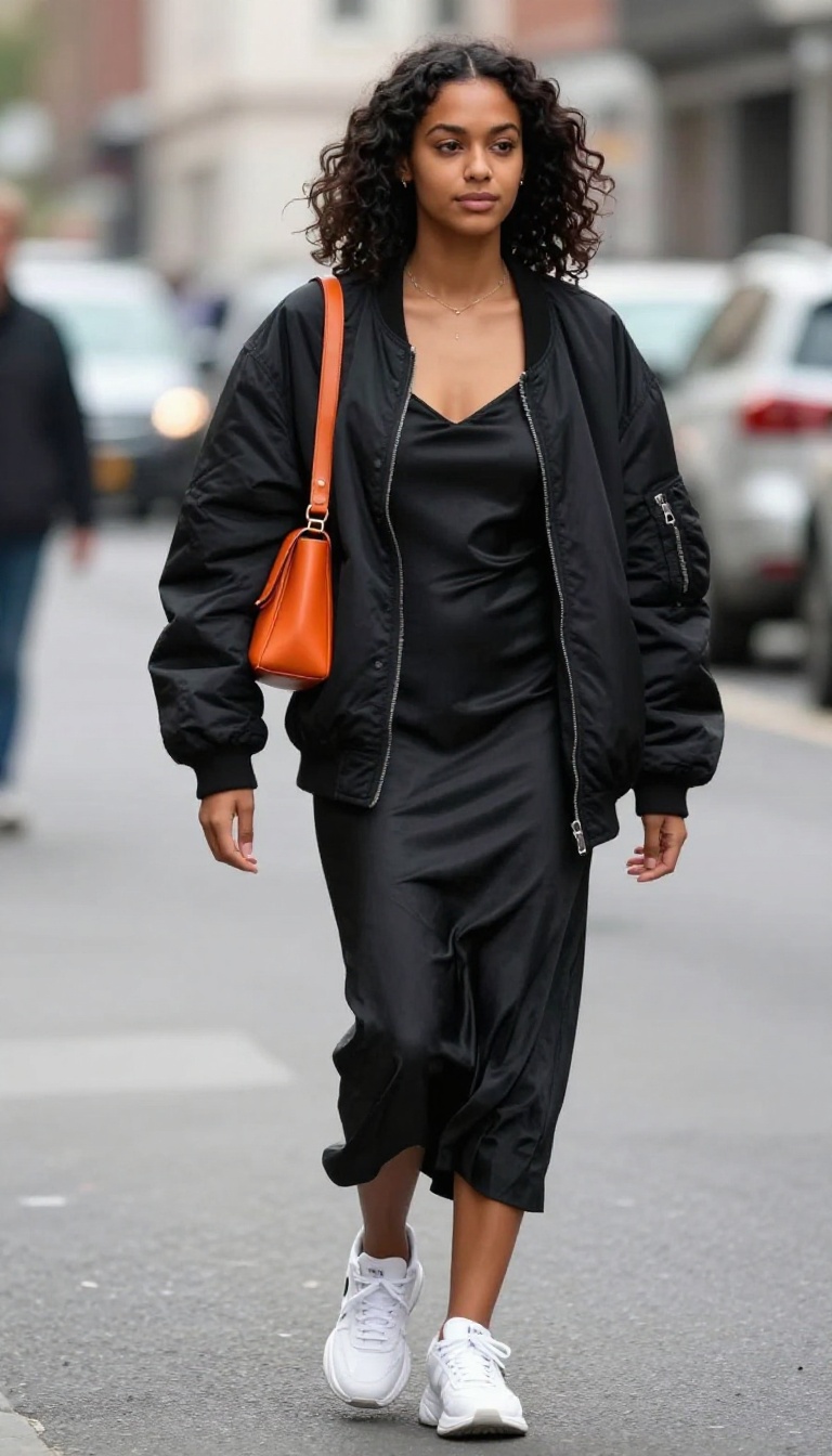 10. Bomber Jacket, Slip Dress, and Sneakers