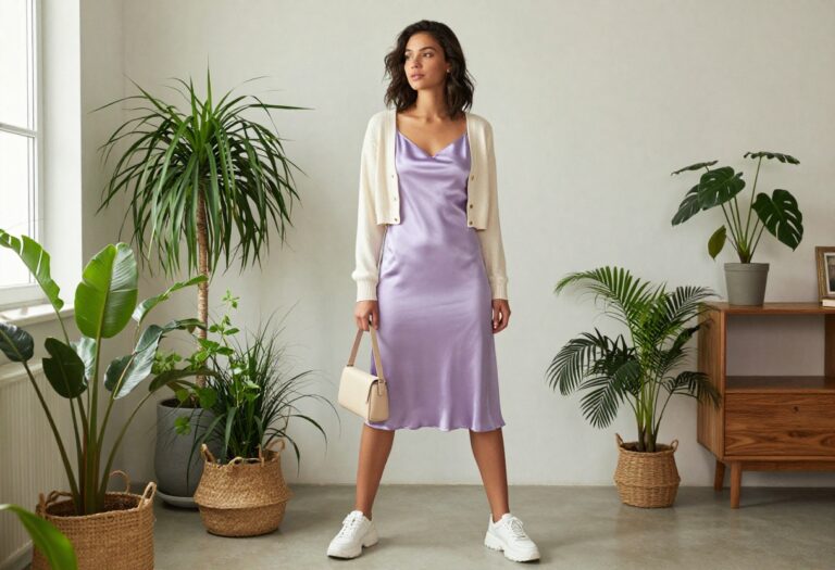 Woman in a lavender slip dress and chunky sneakers, 90s soft retro outfit