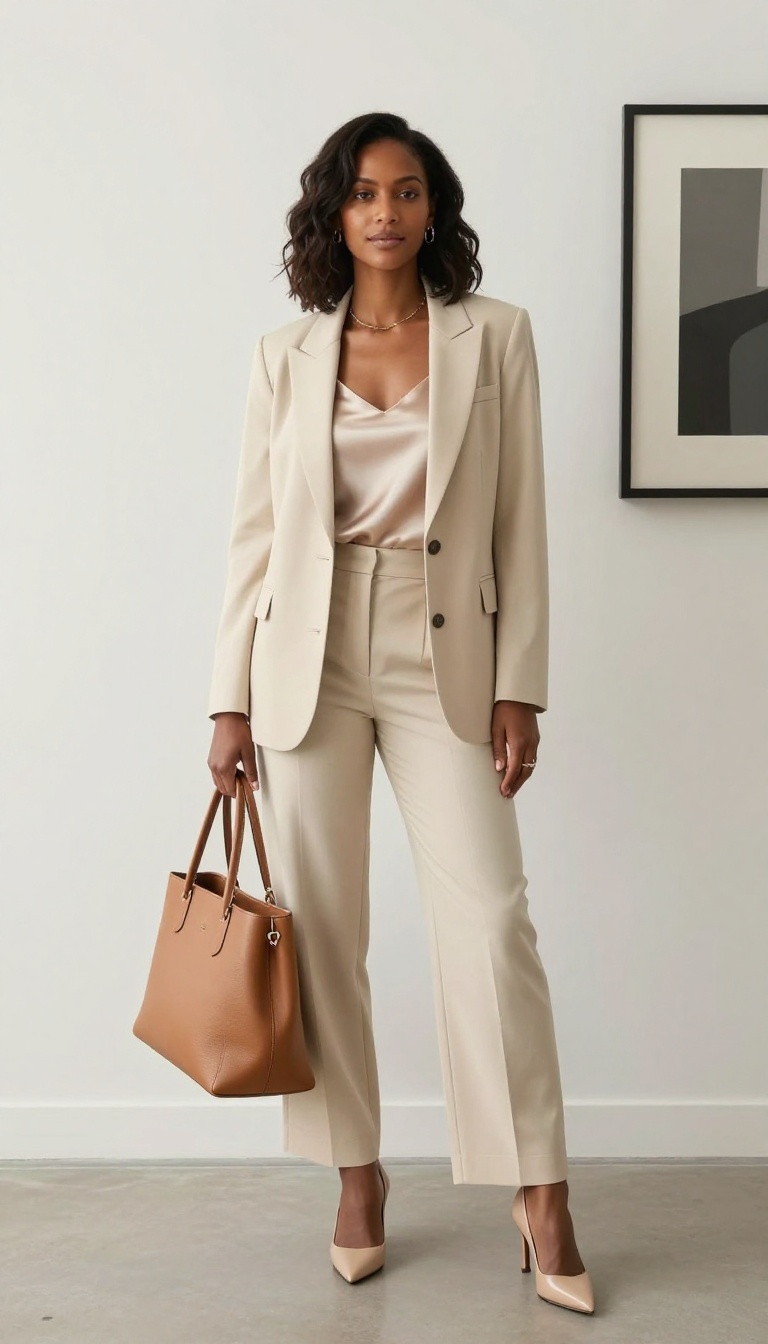 1. The Tailored Cream Blazer and Wide-Leg Trousers