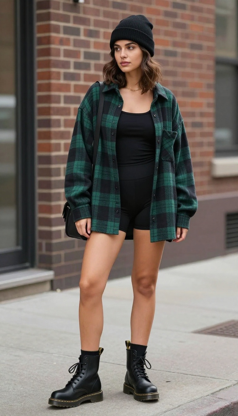 10. Oversized Flannel + Bike Shorts + Doc Martens