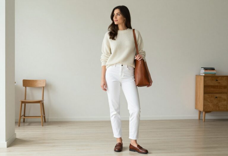 Woman in cream cashmere sweater and white jeans, embodying casual old money style