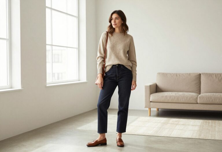 Woman in old money style outfit with cashmere sweater and jeans