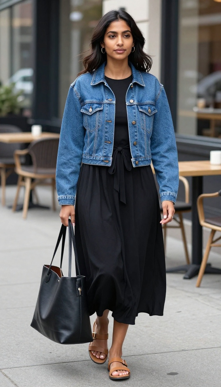 14. Black Maxi Dress and a Denim Jacket