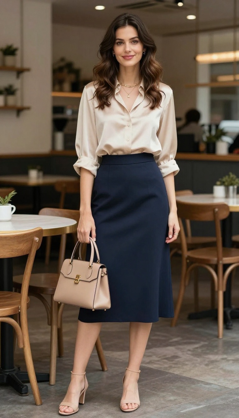 3. Silk Blouse and A-Line Skirt