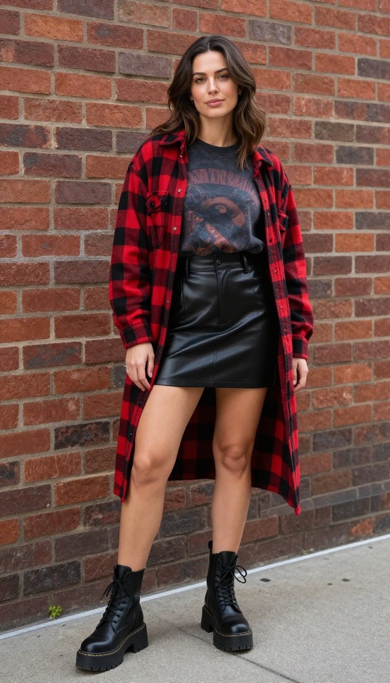 4. Leather Mini Skirt + Graphic Tee + Combat Boots