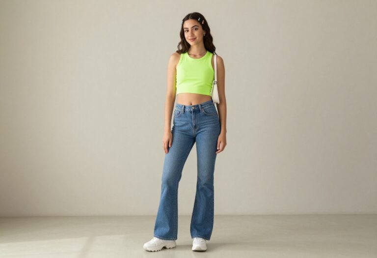 Young woman in a neon green crop top and low-rise flared jeans with butterfly clips, posing in a bright room.