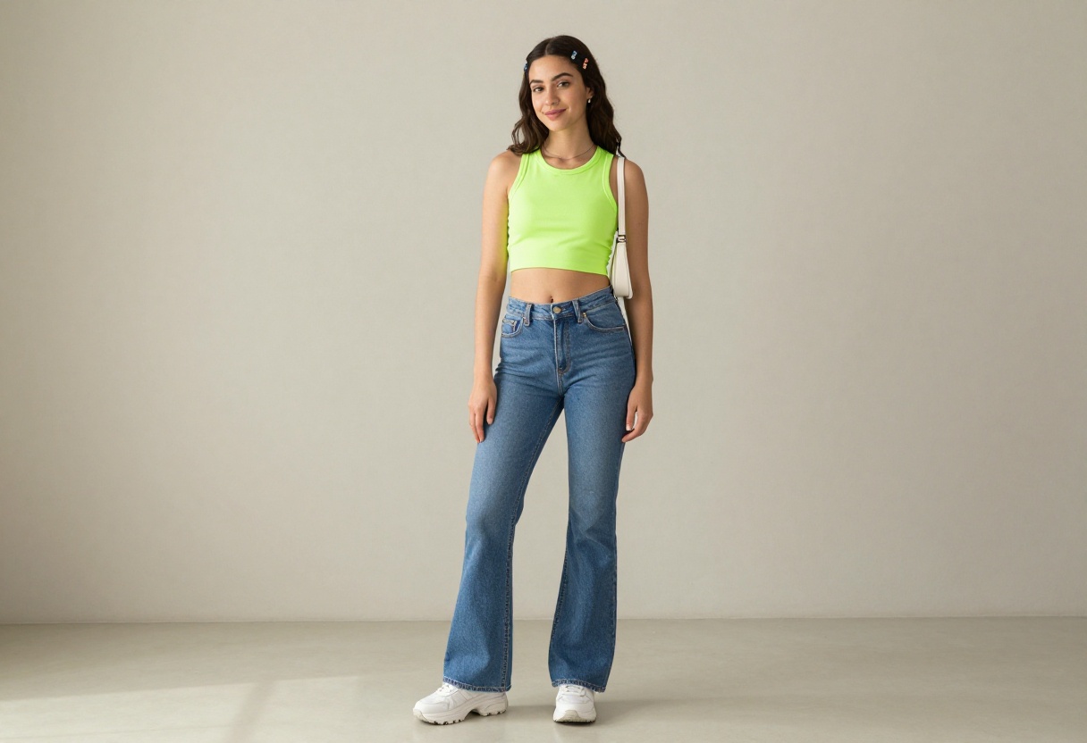 Young woman in a neon green crop top and low-rise flared jeans with butterfly clips, posing in a bright room.