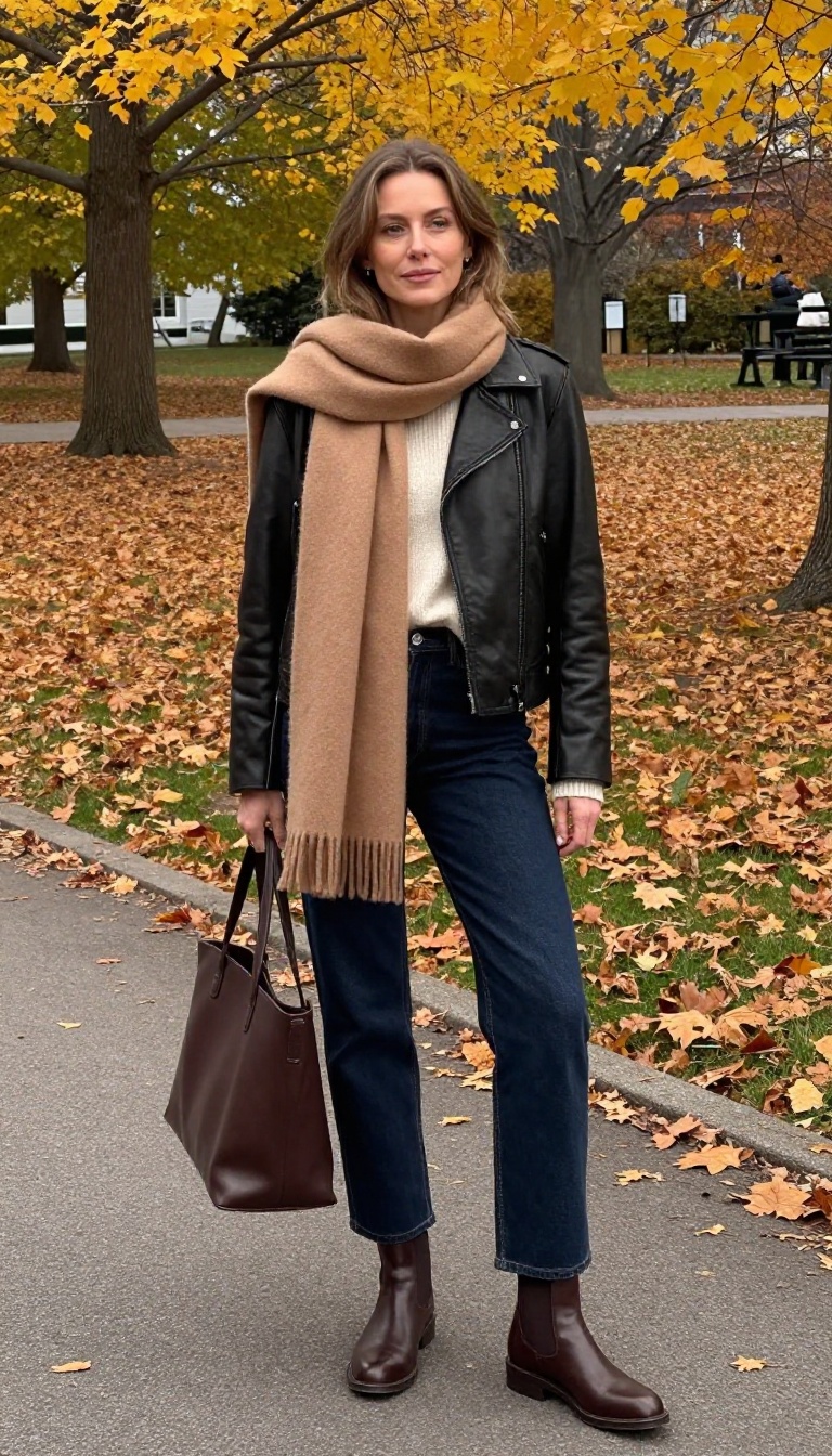 10. Leather Jacket with Cashmere Scarf and Straight Jeans