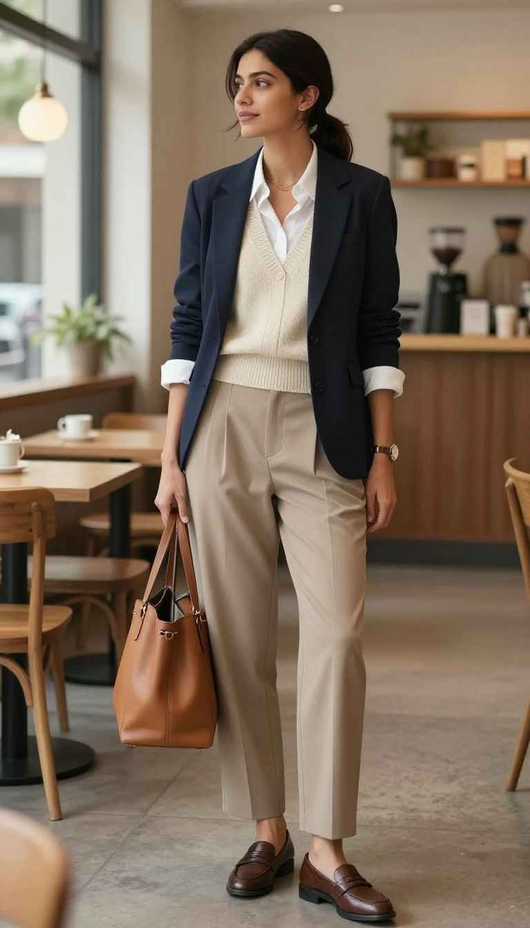 8. Blazer with Knit Vest and Pleated Trousers