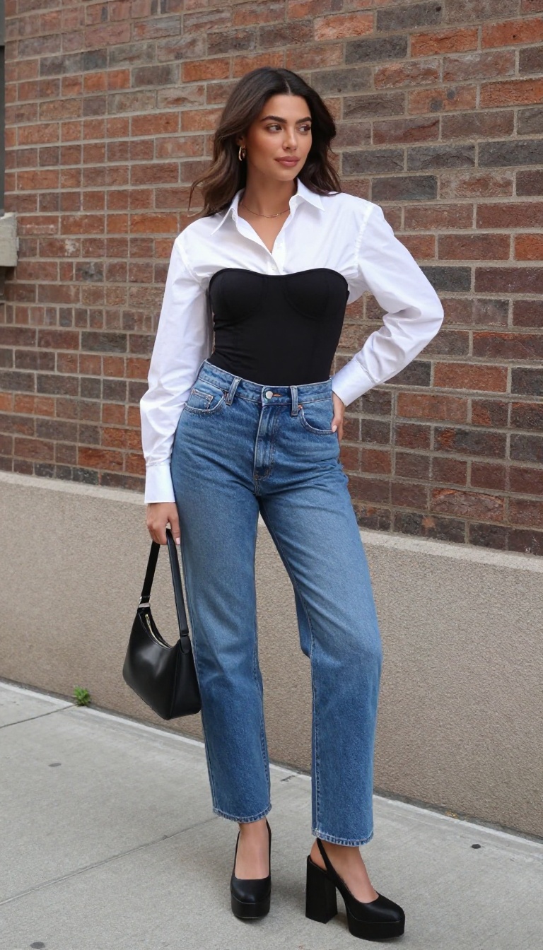 12. Black Corset Top + High-Waisted Jeans