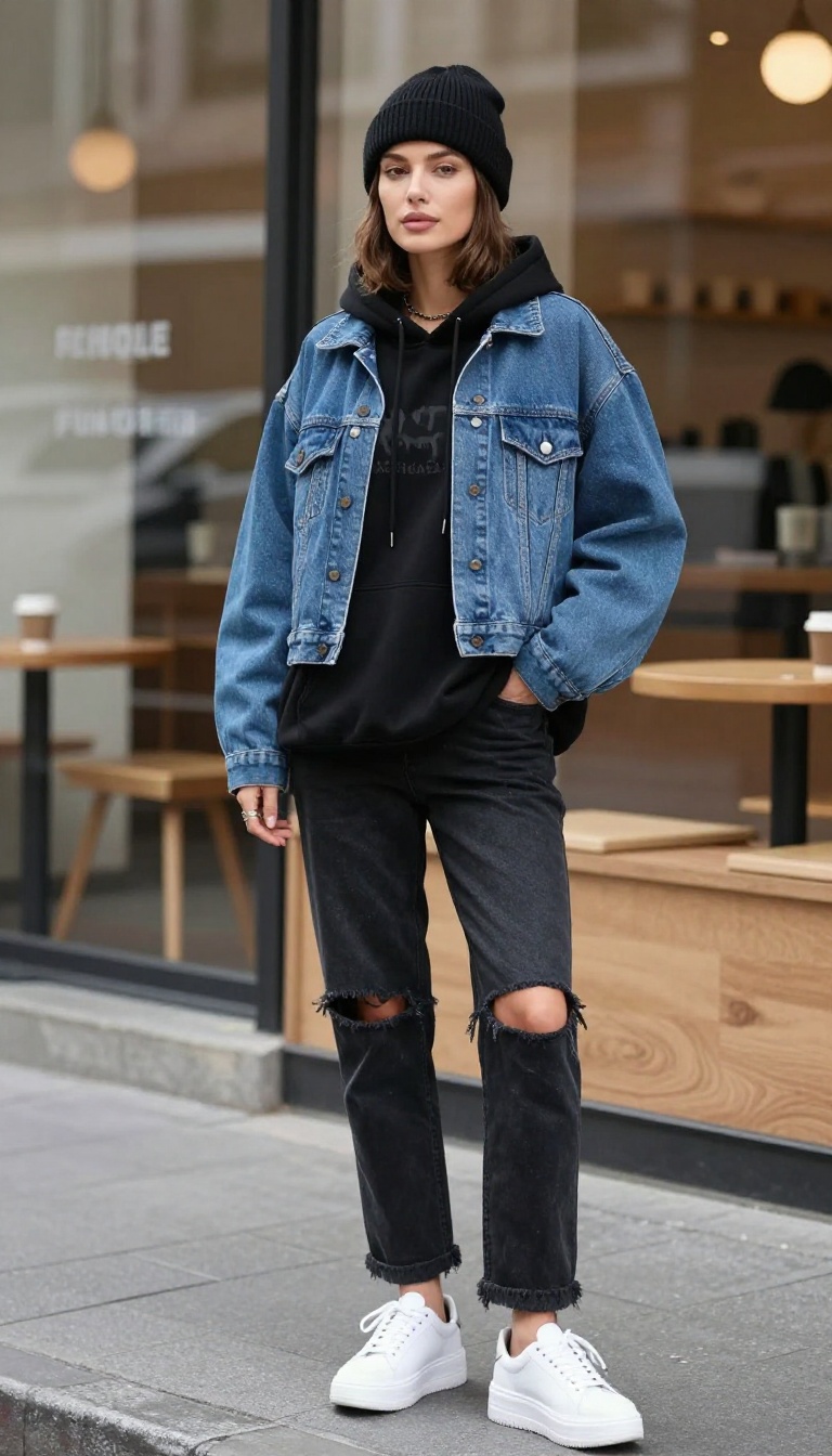 8. Denim Jacket + Graphic Hoodie + Ripped Jeans