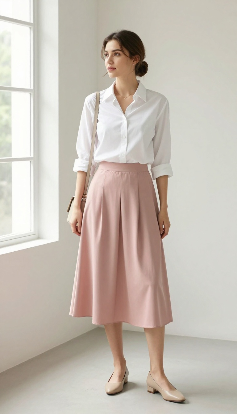 5. The White Button-Down and Pleated Skirt