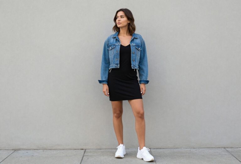 Woman wearing a black slip dress with chunky sneakers and a denim jacket in a 90s-inspired outfit