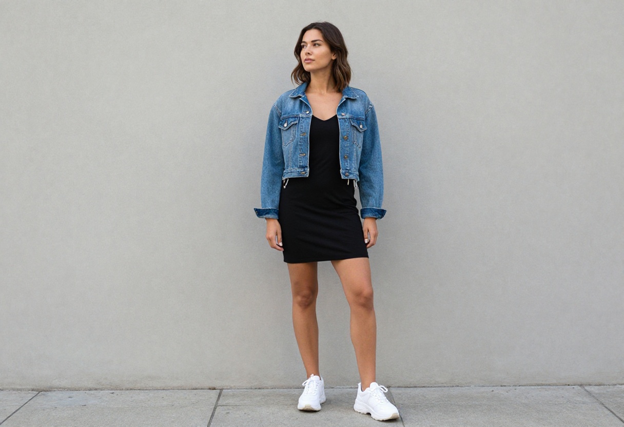 Woman wearing a black slip dress with chunky sneakers and a denim jacket in a 90s-inspired outfit