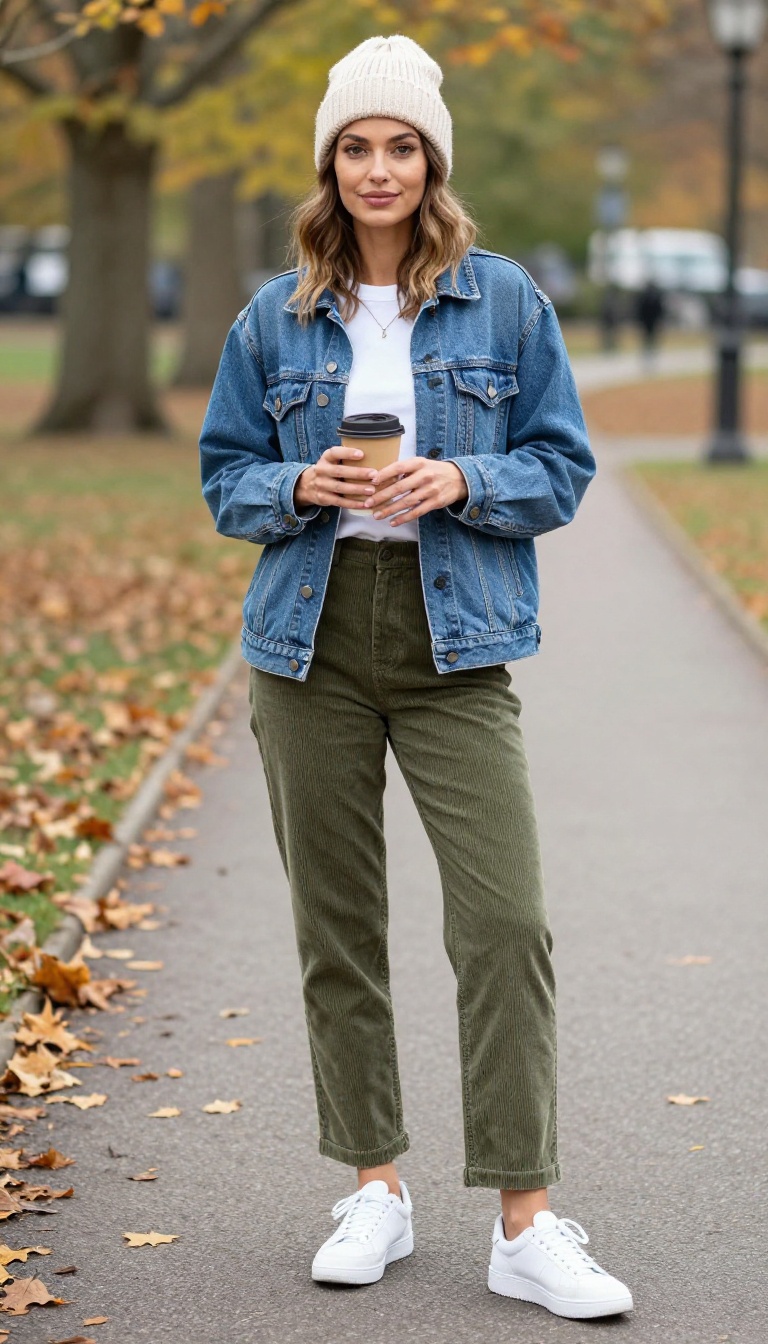 5. Denim Jacket + Corduroy Pants + Beanie