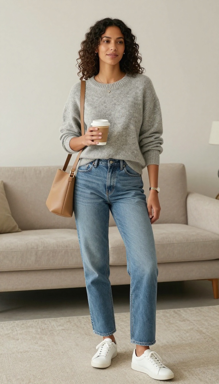 2. The Cashmere Crewneck and Straight-Leg Jeans