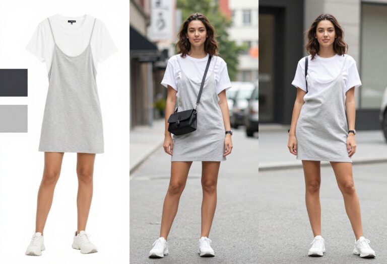 Woman in 90s slip dress and tee with chunky sneakers