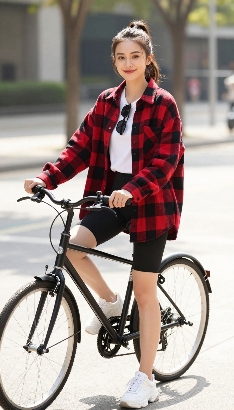 4. Oversized Flannel + Bike Shorts + Dad Sneakers
