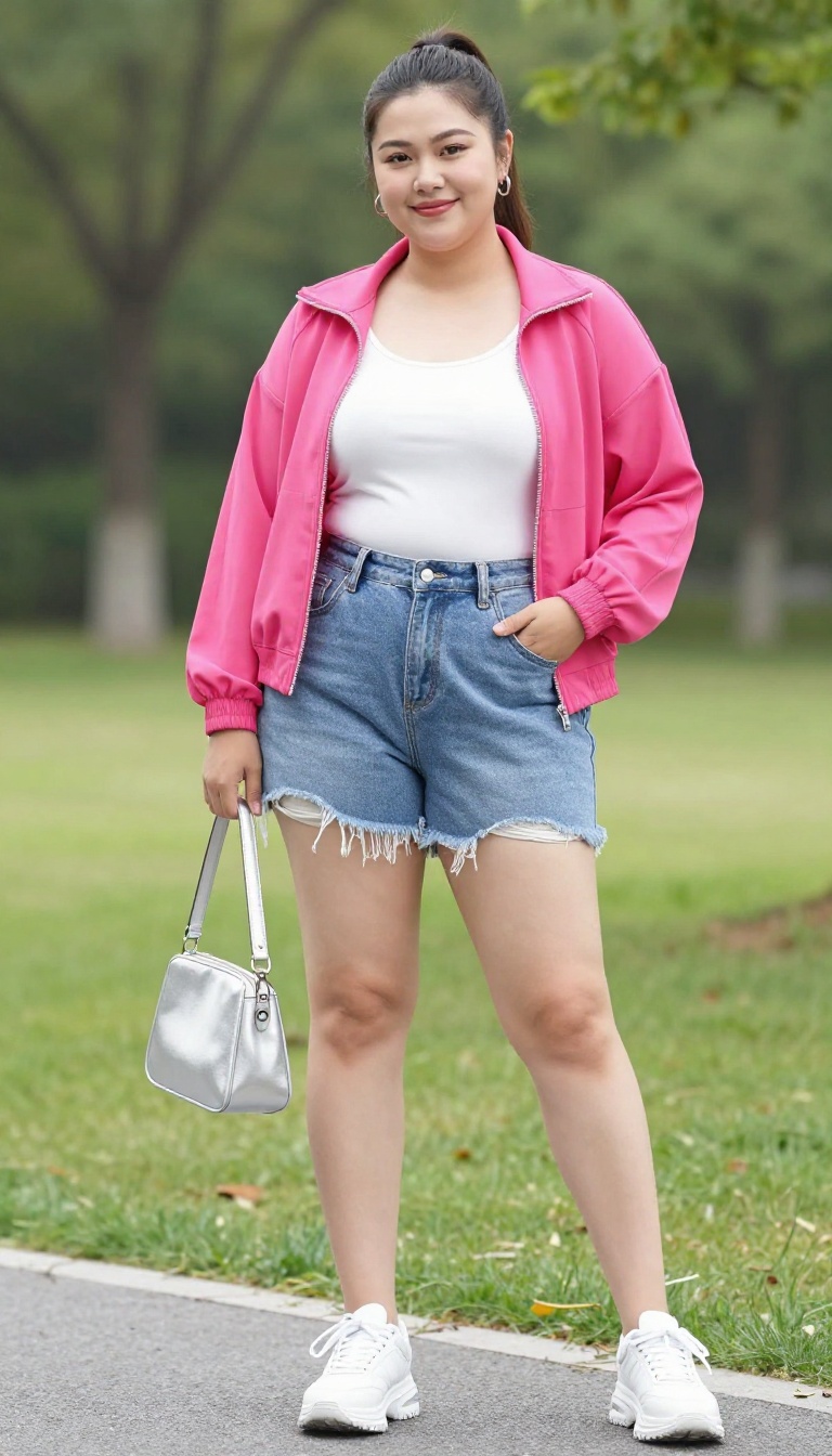 10. Track Jacket & Denim Shorts: Sporty Weekend Vibe