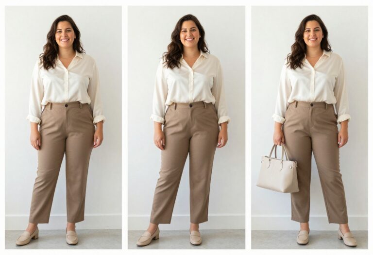 Plus-size woman in a cream blouse and camel trousers, old money style
