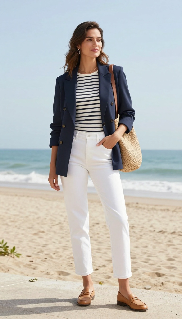 10. The Double-Breasted Blazer and White Jeans