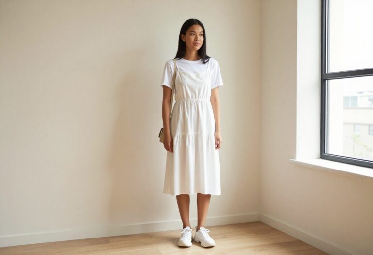 Woman wearing a 90s slip dress over a tee with sneakers, standing in a bright apartment