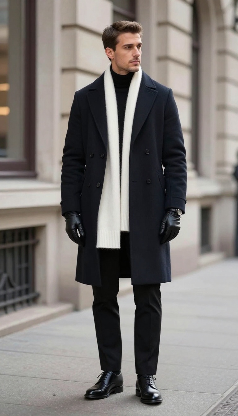 11. Black Overcoat with White Scarf and Trousers