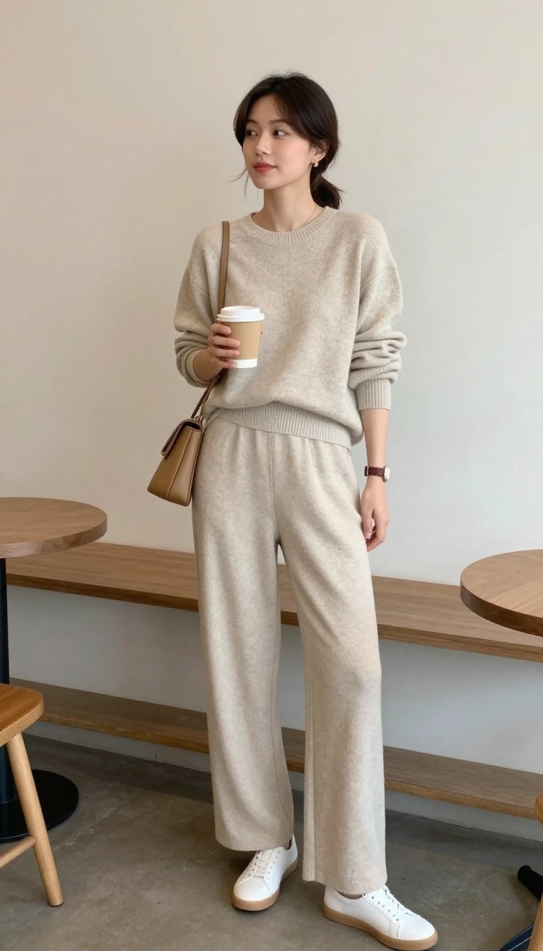 12. Beige Knit Set With Slip-On Sneakers