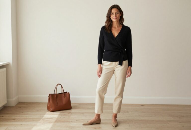 Woman in black cashmere wrap sweater and tailored ivory trousers, standing in a bright living room, old money style outfit inspiration.